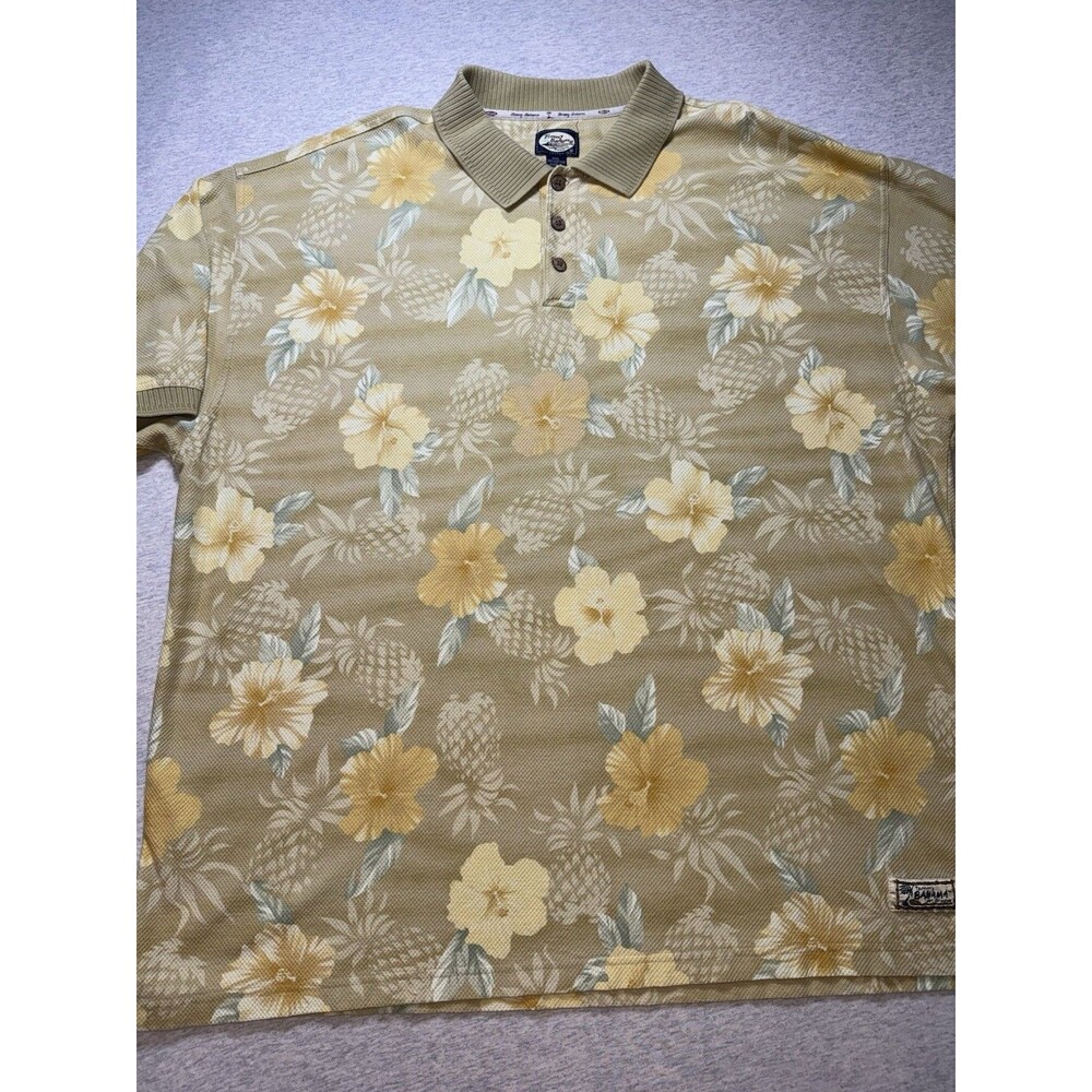 Tommy Bahama Polo Shirt Mens 2XL Tan,Yellow Floral Cotton Knit Short Sleeve Logo